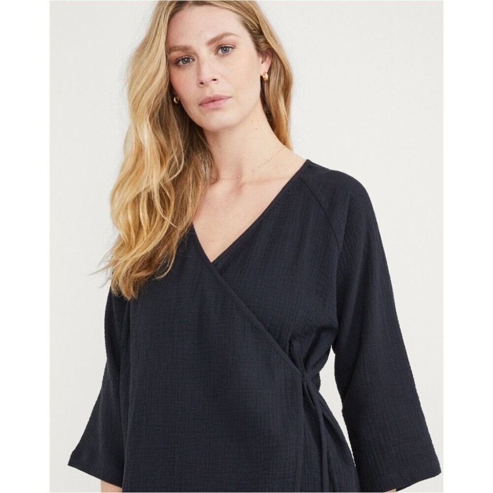 Hatch Nursing Top Women's XS Black Gauzy 3/4 Sleeve Wrap Top V Neck 100% Cotton
